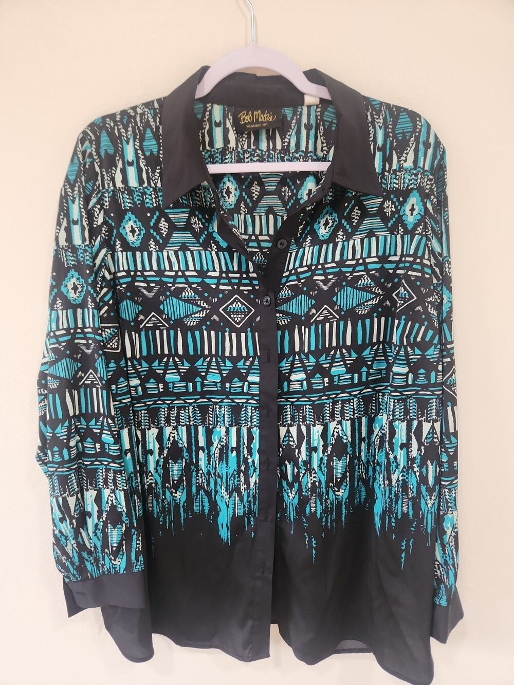 Bob Mackie 1X Blue Black Long Sleeve Button Down Shirt Wearable Art Vintage